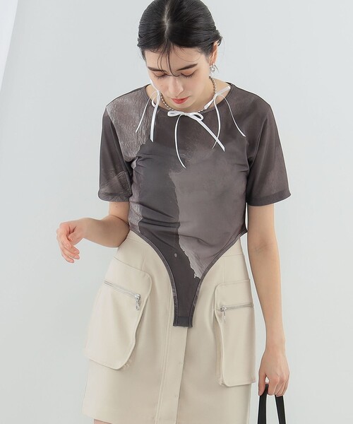 RAY BEAMS◆プリント ボディスーツ Tシャツ/半袖カットソー/XS/GRY/総柄/61-04-0471-101 Ray BEAMS（レイ ビームス）プリント ボディスーツ Tシャツ（T