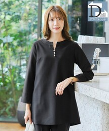 【ダブルストレッチ】【洗える】スキッパーパールチュニックブラウス