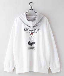 【RED CAP GIRL×UNIIT/レッドキャップガール×ユニット】ビッグシルエット とろみポンチ 落ち感ドレープ 配色フード バックプリント ダンボールニットプルオーバーパーカー