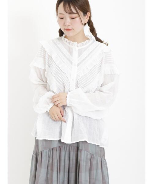 Samansa Mos2（サマンサ モスモス）の「シャーリングレースピンタックブラウス（シャツ/ブラウス・レディース・キナリ/オフホワイト/ブラック・F）」の5枚目の写真