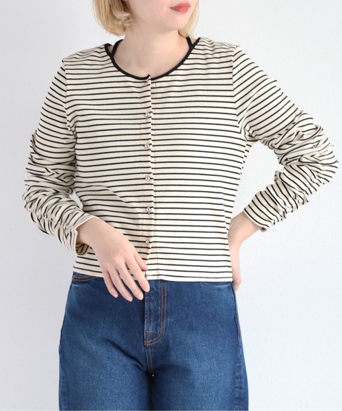 cepo（セポ）の「バックリボン ソデギャザーボーダーカーデ（カーディガン/ボレロ・レディース・オフホワイト/ブラック・M）」の6枚目の写真