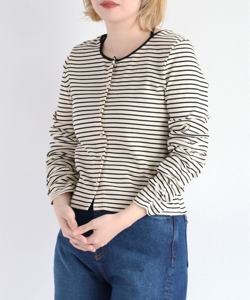 cepo（セポ）の「バックリボン ソデギャザーボーダーカーデ（カーディガン/ボレロ・レディース・オフホワイト/ブラック・M）」の7枚目の写真