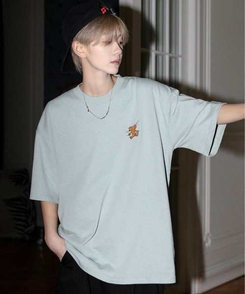 Tom＆Jerry（トムアンドジェリー）の「【neos】TOM&JERRY トムとジェリー ルーズシルエット サガラ刺繍 ワンポイント ロゴ ハーフスリーブ Tシャツ（Tシャツ/カットソー・メンズ・グリーン系その他/ブルー系その他/ホワイト/ライトグリーン/ライトグレー/ブラック/ライトブルー/ブラック系その他・MEDIUM/LARGE/X-LARGE）」の6枚目の写真