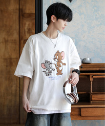 Tom&Jerry | 【neos】TOM&JERRY トムとジェリー ルーズシルエット サガラ刺繍 ワンポイント ロゴ ハーフスリーブ Tシャツ(Tシャツ/カットソー)