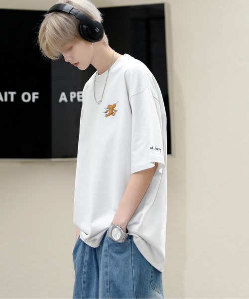 Tom＆Jerry（トムアンドジェリー）の「【neos】TOM&JERRY トムとジェリー ルーズシルエット サガラ刺繍 ワンポイント ロゴ ハーフスリーブ Tシャツ（Tシャツ/カットソー・メンズ・グリーン系その他/ブルー系その他/ホワイト/ライトグリーン/ライトグレー/ブラック/ライトブルー/ブラック系その他・MEDIUM/LARGE/X-LARGE）」の4枚目の写真