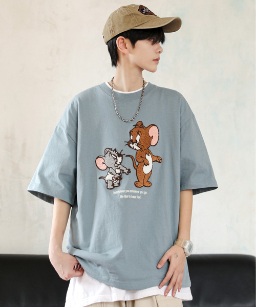 Tom＆Jerry（トムアンドジェリー）の「【neos】TOM&JERRY トムとジェリー ルーズシルエット サガラ刺繍 ワンポイント ロゴ ハーフスリーブ Tシャツ（Tシャツ/カットソー・メンズ・グリーン系その他/ブルー系その他/ホワイト/ライトグリーン/ライトグレー/ブラック/ライトブルー/ブラック系その他・MEDIUM/LARGE/X-LARGE）」の7枚目の写真