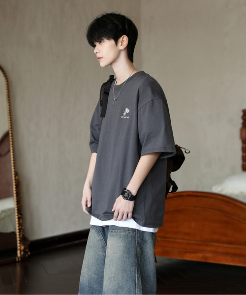 Tom＆Jerry（トムアンドジェリー）の「【neos】TOM&JERRY トムとジェリー ルーズシルエット サガラ刺繍 ワンポイント ロゴ ハーフスリーブ Tシャツ（Tシャツ/カットソー・メンズ・グリーン系その他/ブルー系その他/ホワイト/ライトグリーン/ライトグレー/ブラック/ライトブルー/ブラック系その他・MEDIUM/LARGE/X-LARGE）」の12枚目の写真