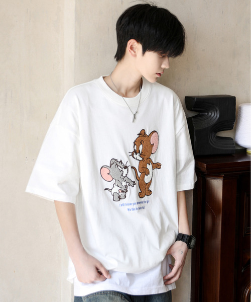Tom＆Jerry（トムアンドジェリー）の「【neos】TOM&JERRY トムとジェリー ルーズシルエット サガラ刺繍 ワンポイント ロゴ ハーフスリーブ Tシャツ（Tシャツ/カットソー・メンズ・グリーン系その他/ブルー系その他/ホワイト/ライトグリーン/ライトグレー/ブラック/ライトブルー/ブラック系その他・MEDIUM/LARGE/X-LARGE）」の19枚目の写真