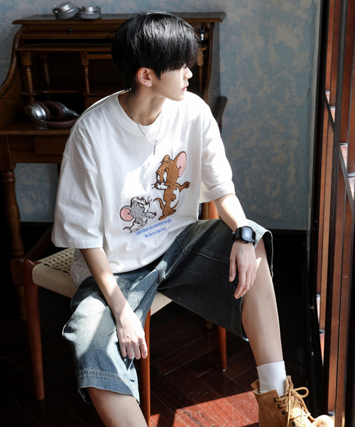 Tom＆Jerry（トムアンドジェリー）の「【neos】TOM&JERRY トムとジェリー ルーズシルエット サガラ刺繍 ワンポイント ロゴ ハーフスリーブ Tシャツ（Tシャツ/カットソー・メンズ・グリーン系その他/ブルー系その他/ホワイト/ライトグリーン/ライトグレー/ブラック/ライトブルー/ブラック系その他・MEDIUM/LARGE/X-LARGE）」の20枚目の写真
