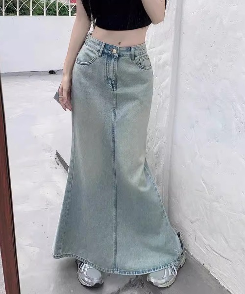 FREE STYLISTS(フリー スタイリスト)の「YUGA_YGMC バックスリット マーメイドデニムロングスカート(デニムスカート・レディース・ライトブルー・M/XL/S/L)」の16枚目の写真