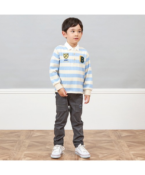 KP BOY（ケーピーボーイ）の「ワッペン付き太ボーダー長袖ラガーシャツ(90～140)（シャツ/ブラウス・キッズ・サックスブルー/ブラック・100cm/110cm/90cm/120cm/130cm）」の3枚目の写真