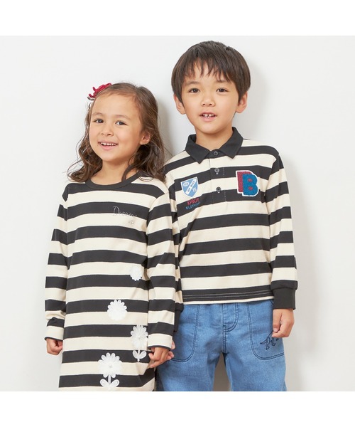 KP BOY（ケーピーボーイ）の「ワッペン付き太ボーダー長袖ラガーシャツ(90～140)（シャツ/ブラウス・キッズ・サックスブルー/ブラック・100cm/110cm/90cm/120cm/130cm）」の8枚目の写真