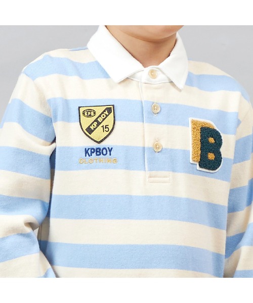 KP BOY（ケーピーボーイ）の「ワッペン付き太ボーダー長袖ラガーシャツ(90～140)（シャツ/ブラウス・キッズ・サックスブルー/ブラック・100cm/110cm/90cm/120cm/130cm）」の5枚目の写真