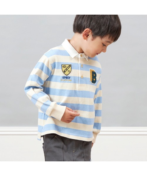 KP BOY（ケーピーボーイ）の「ワッペン付き太ボーダー長袖ラガーシャツ(90～140)（シャツ/ブラウス・キッズ・サックスブルー/ブラック・100cm/110cm/90cm/120cm/130cm）」の4枚目の写真