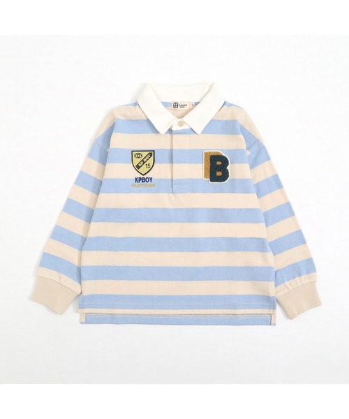 KP BOY（ケーピーボーイ）の「ワッペン付き太ボーダー長袖ラガーシャツ(90～140)（シャツ/ブラウス・キッズ・サックスブルー/ブラック・100cm/110cm/90cm/120cm/130cm）」の9枚目の写真