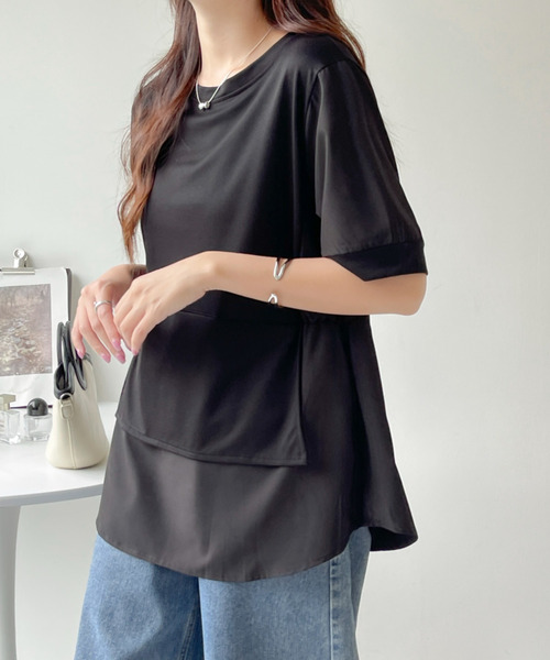 BANNER SELECT(バナーセレクト)の「異素材ドッキング5分袖ブラウス(Tシャツ/カットソー・レディース・ブラック/カーキ・FREE)」の2枚目の写真