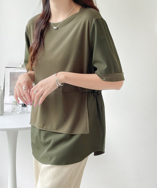 BANNER SELECT(バナーセレクト)の「異素材ドッキング5分袖ブラウス(Tシャツ/カットソー・レディース・ブラック/カーキ・FREE)」の9枚目の写真