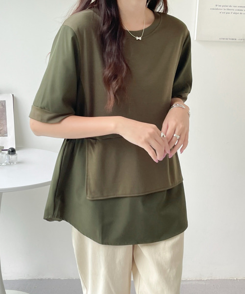 BANNER SELECT(バナーセレクト)の「異素材ドッキング5分袖ブラウス(Tシャツ/カットソー・レディース・ブラック/カーキ・FREE)」の11枚目の写真