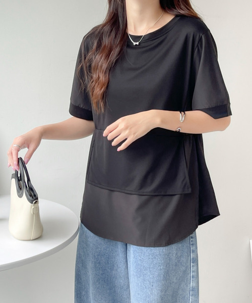 BANNER SELECT(バナーセレクト)の「異素材ドッキング5分袖ブラウス(Tシャツ/カットソー・レディース・ブラック/カーキ・FREE)」の13枚目の写真
