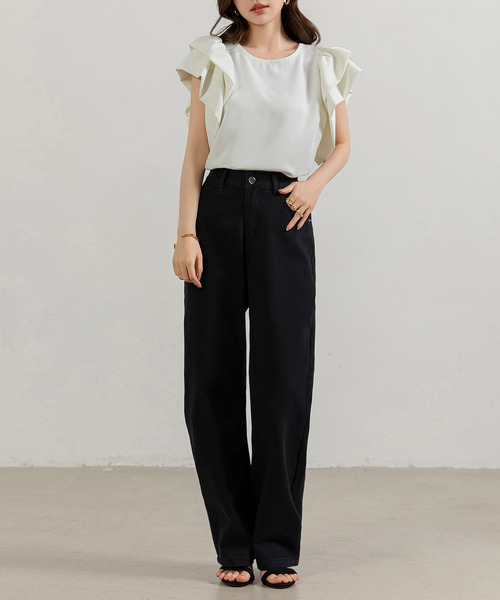 セール】レディース スラっと美脚ハイウエストデニムストレートパンツ