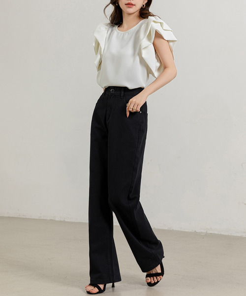 DAY CLOSET(デイ クローゼット)の「レディース スラっと美脚ハイウエストデニムストレートパンツ(デニムパンツ・レディース・ホワイト/ベージュ/ブラック/パープル・S/XL/M/L)」の15枚目の写真