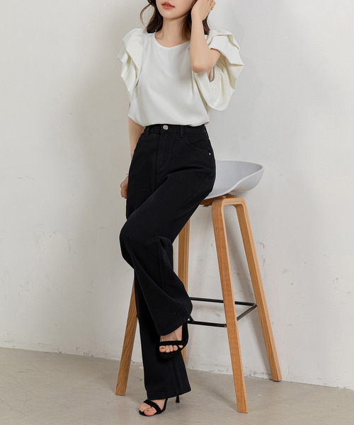 美品※solov デニムパンツ ハイウエスト　サッシュベルト　　サイズ1 ハイウエストボタンUSEDケミカルウォッシュストレッチフレア