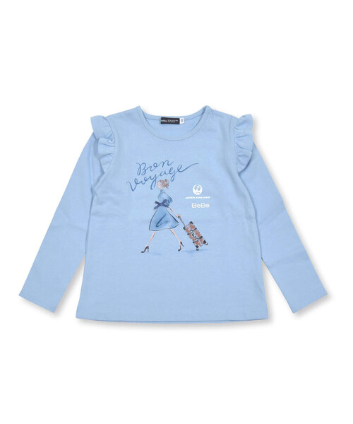 【セール】【JALコラボ】BonVoyageガール肩フリル長袖Tシャツ(90~130cm)（Tシャツ/カットソー）｜BeBe（ベベ）