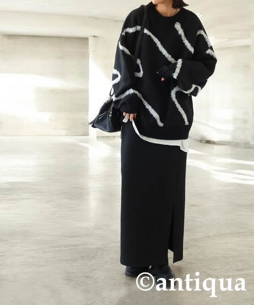 antiqua(アンティカ)の「ニュアンスライン柄ニット(ニット/セーター・レディース・ブラック/アイボリー・ONESIZE)」の12枚目の写真