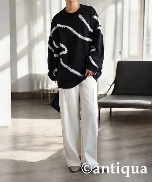 antiqua(アンティカ)の「ニュアンスライン柄ニット(ニット/セーター・レディース・ブラック/アイボリー・ONESIZE)」の15枚目の写真