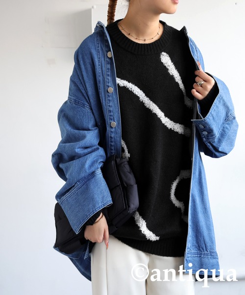 antiqua(アンティカ)の「ニュアンスライン柄ニット(ニット/セーター・レディース・ブラック/アイボリー・ONESIZE)」の16枚目の写真