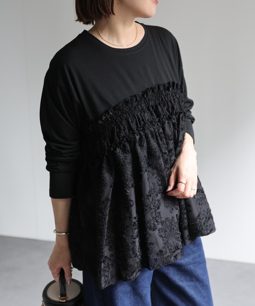 かりんとーページ　AP 色移り防止服x4 セール】ジャガードフリンジドッキングトップス/プルオーバー（Tシャツ