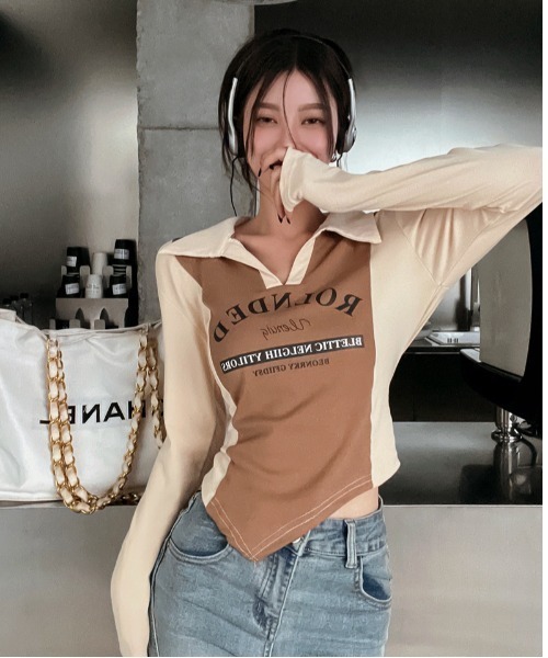 SHEENA(シーナ)の「ポロ襟配色切り替えロゴロンT(Tシャツ/カットソー・レディース・ブラック×グレー/ブラウン系その他・M)」の2枚目の写真