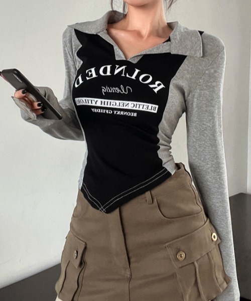 SHEENA(シーナ)の「ポロ襟配色切り替えロゴロンT(Tシャツ/カットソー・レディース・ブラック×グレー/ブラウン系その他・M)」の1枚目の写真