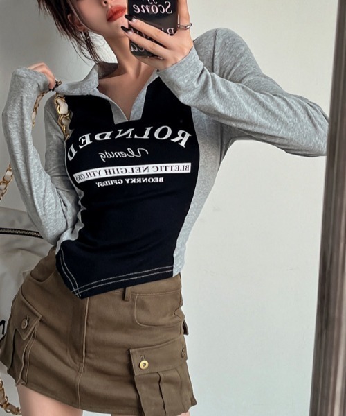 SHEENA(シーナ)の「ポロ襟配色切り替えロゴロンT(Tシャツ/カットソー・レディース・ブラック×グレー/ブラウン系その他・M)」の4枚目の写真
