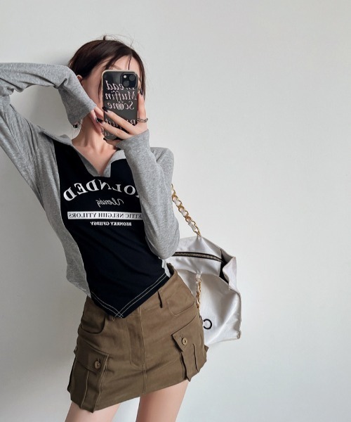 SHEENA(シーナ)の「ポロ襟配色切り替えロゴロンT(Tシャツ/カットソー・レディース・ブラック×グレー/ブラウン系その他・M)」の5枚目の写真