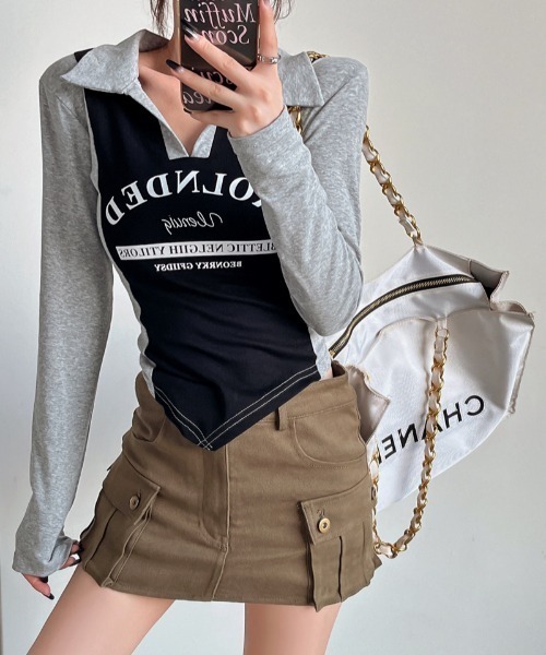SHEENA(シーナ)の「ポロ襟配色切り替えロゴロンT(Tシャツ/カットソー・レディース・ブラック×グレー/ブラウン系その他・M)」の6枚目の写真