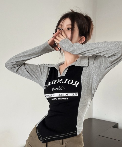 SHEENA(シーナ)の「ポロ襟配色切り替えロゴロンT(Tシャツ/カットソー・レディース・ブラック×グレー/ブラウン系その他・M)」の8枚目の写真