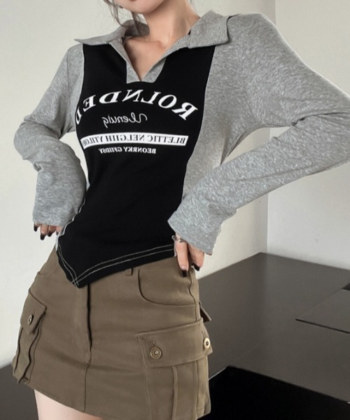 SHEENA(シーナ)の「ポロ襟配色切り替えロゴロンT(Tシャツ/カットソー・レディース・ブラック×グレー/ブラウン系その他・M)」の9枚目の写真