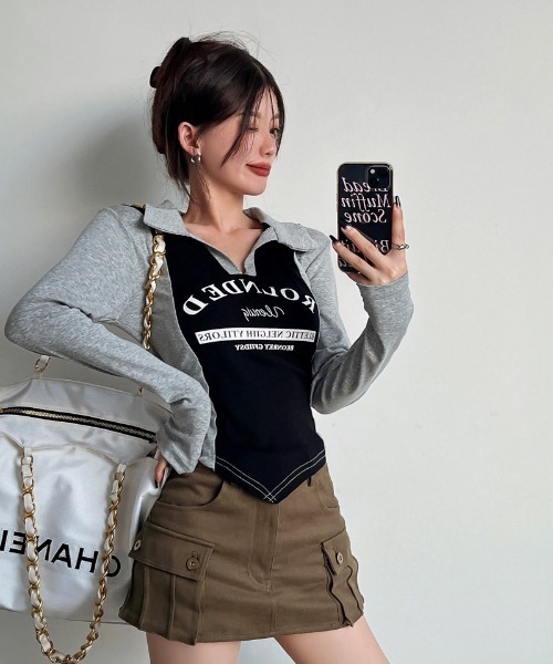 SHEENA(シーナ)の「ポロ襟配色切り替えロゴロンT(Tシャツ/カットソー・レディース・ブラック×グレー/ブラウン系その他・M)」の10枚目の写真