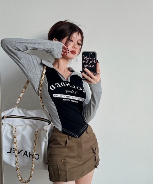 SHEENA(シーナ)の「ポロ襟配色切り替えロゴロンT(Tシャツ/カットソー・レディース・ブラック×グレー/ブラウン系その他・M)」の11枚目の写真