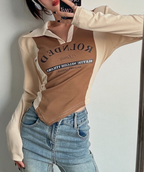 SHEENA(シーナ)の「ポロ襟配色切り替えロゴロンT(Tシャツ/カットソー・レディース・ブラック×グレー/ブラウン系その他・M)」の12枚目の写真