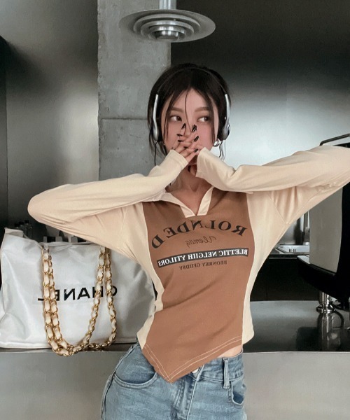 SHEENA(シーナ)の「ポロ襟配色切り替えロゴロンT(Tシャツ/カットソー・レディース・ブラック×グレー/ブラウン系その他・M)」の13枚目の写真