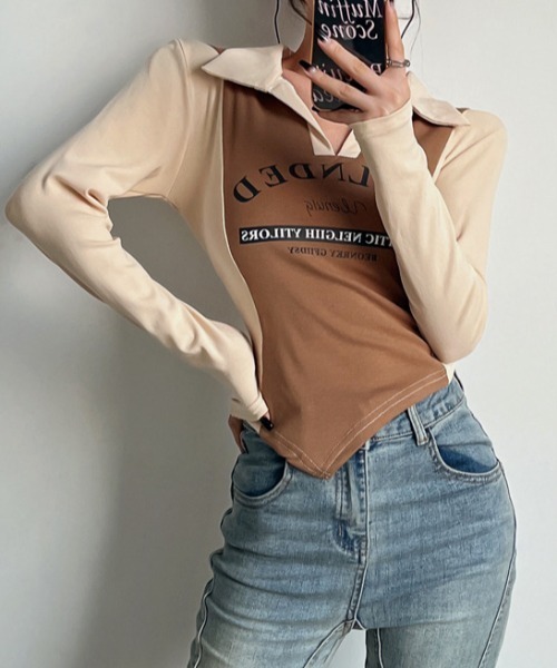SHEENA(シーナ)の「ポロ襟配色切り替えロゴロンT(Tシャツ/カットソー・レディース・ブラック×グレー/ブラウン系その他・M)」の14枚目の写真