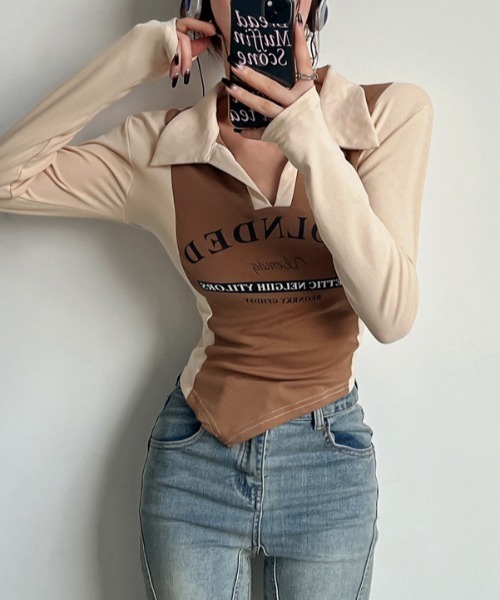 SHEENA(シーナ)の「ポロ襟配色切り替えロゴロンT(Tシャツ/カットソー・レディース・ブラック×グレー/ブラウン系その他・M)」の16枚目の写真
