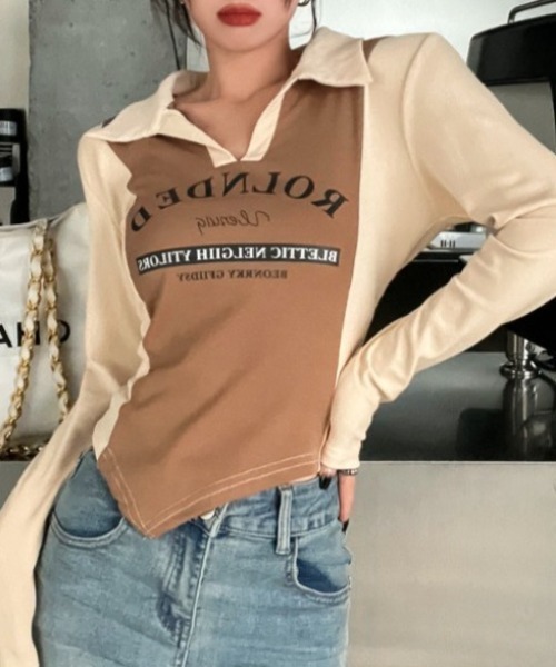 SHEENA(シーナ)の「ポロ襟配色切り替えロゴロンT(Tシャツ/カットソー・レディース・ブラック×グレー/ブラウン系その他・M)」の18枚目の写真