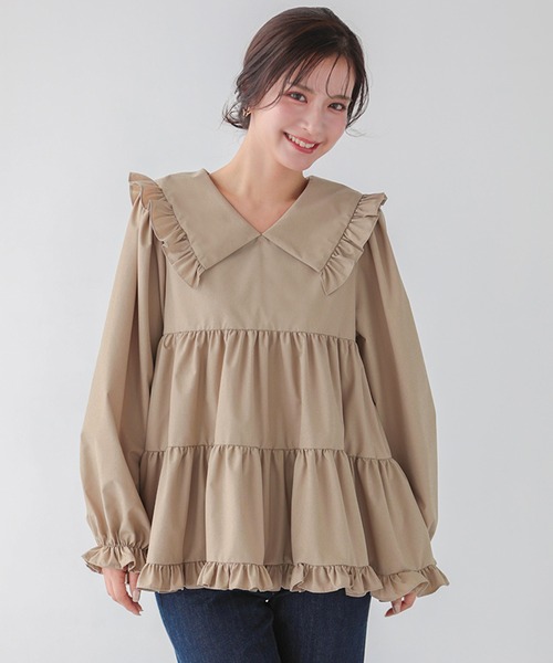 Fit more(フィットモア)の「Vネックフリルティアードブラウス(シャツ/ブラウス・レディース・ベージュ/ネイビー/ホワイト/ブラック・FREE)」の1枚目の写真