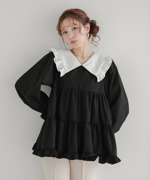Fit more(フィットモア)の「Vネックフリルティアードブラウス(シャツ/ブラウス・レディース・ベージュ/ネイビー/ホワイト/ブラック・FREE)」の3枚目の写真