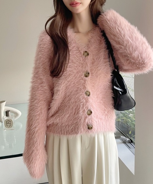 セール】シャギー Vネック マーブルボタン ルーズ カーディガン