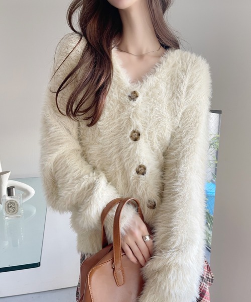 セール】シャギー Vネック マーブルボタン ルーズ カーディガン