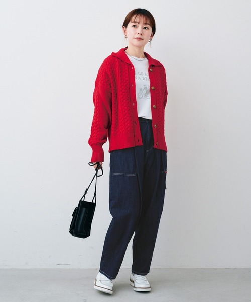 Sunny clouds（サニークラウズ）の「サニークラウズ　三つ編み模様のカーディガン（カーディガン/ボレロ・レディース・ホワイト/レッド・MEDIUM/X-LARGE/LARGE）」の9枚目の写真